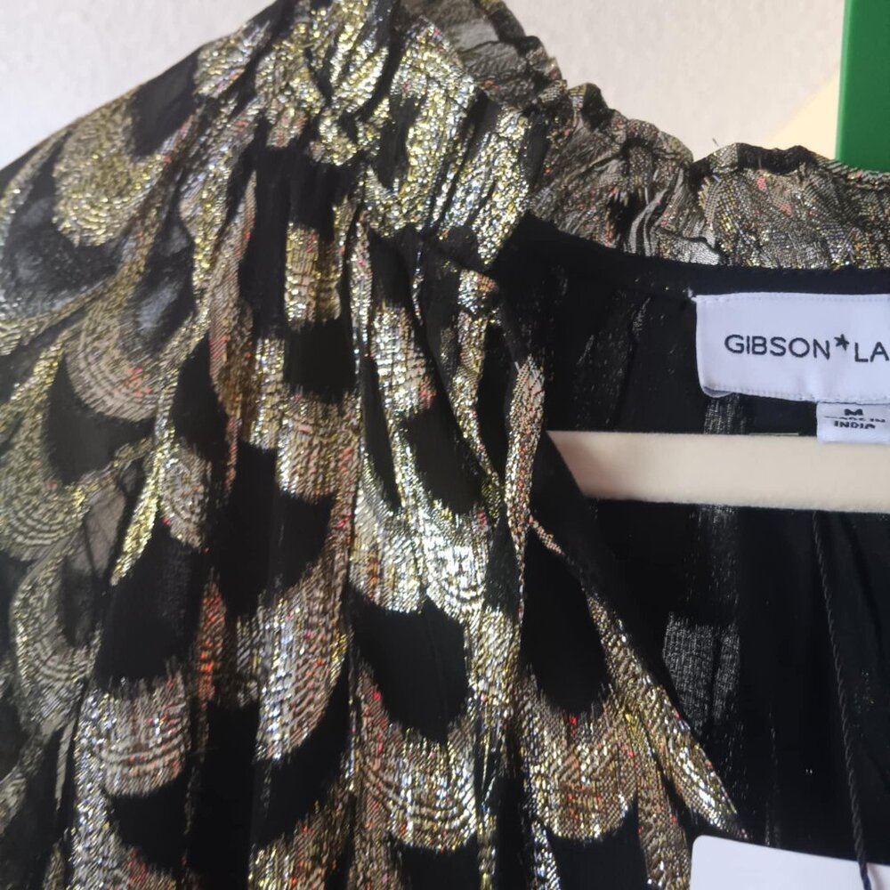 NWT  Gold Gibson & Latimer M Tiered Peasant Boho Metallic Mini Dress - Picture 3 of 9